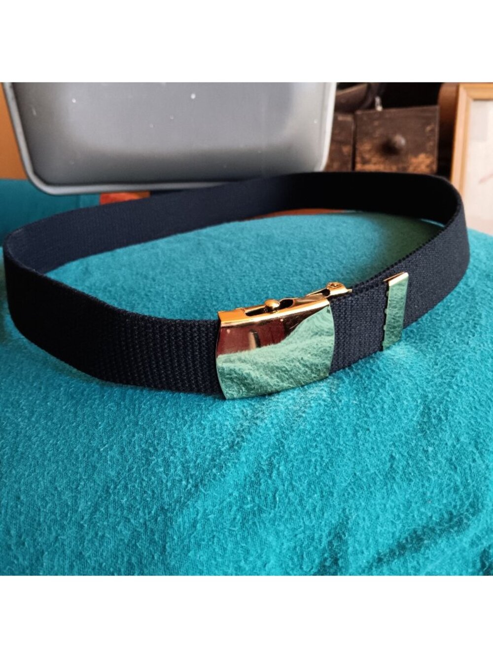 sz 34 NOS Vintage Solid Brass Buckle Black Web Belt Made In USA Military